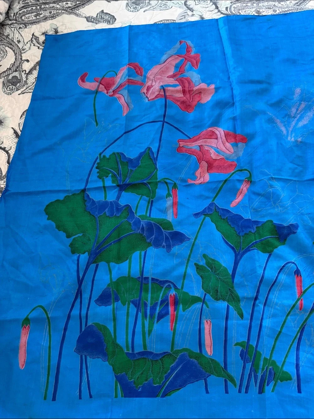 Vintage Thai silk 100% Blue Floral Square Scarf with Pink Bloom